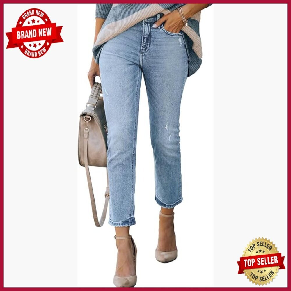 High Waist Stretch Distressed Straight Leg Jeans Casual Pants